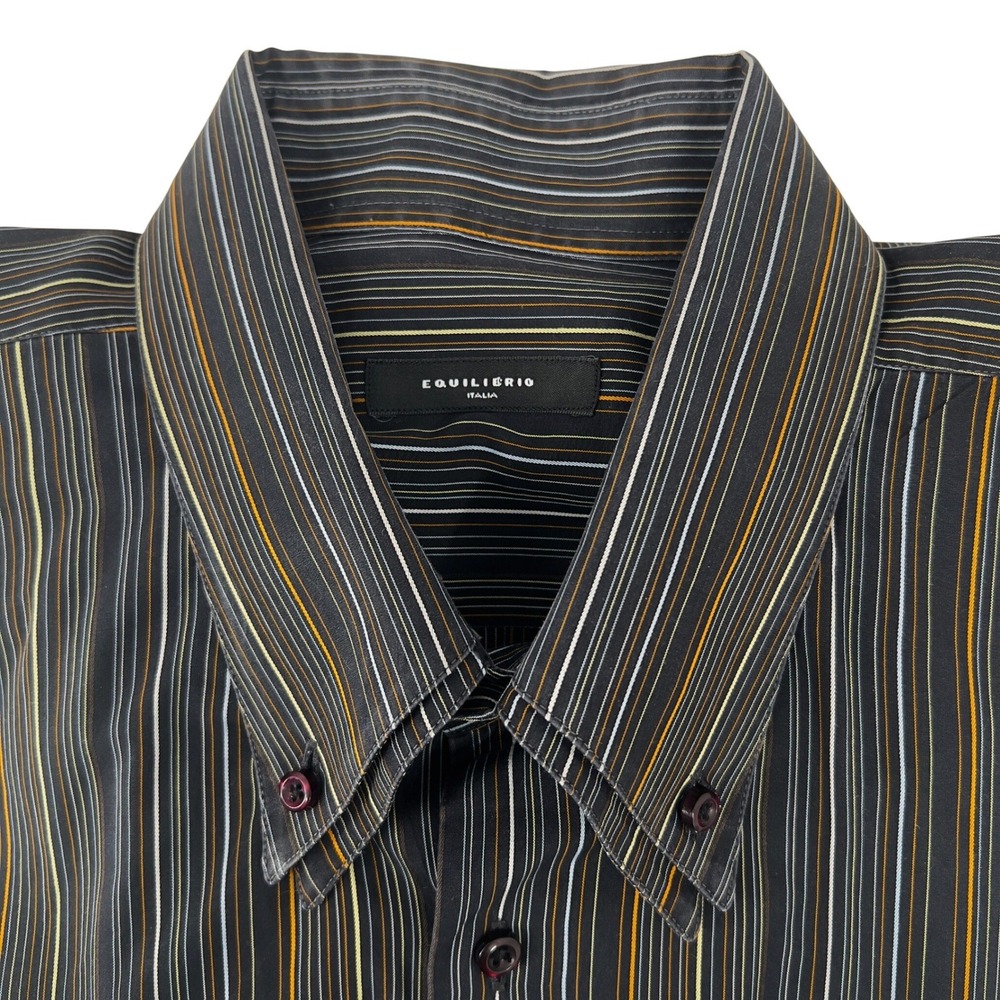 Equilibrio Italia Mens Button Down Shirt Black Grey Ochre Striped Cotton XXL‎